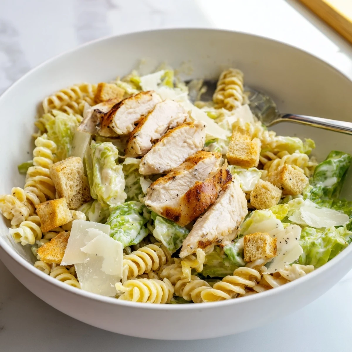 Colorful serving of Caesar Pasta Chicken Bowl with cherry tomatoes, romaine, and Parmesan, ready to enjoy.