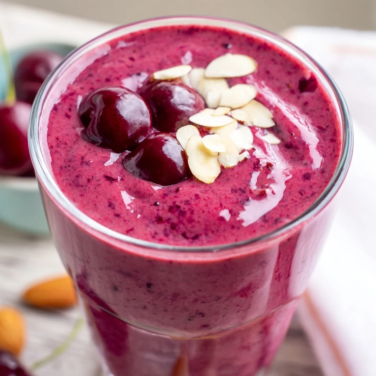 A chilled Cherry Almond Smoothie in a tall glass, garnished with sliced almonds and fresh cherries.  