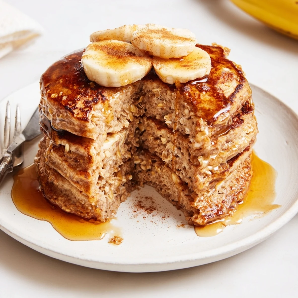 Served warm, these gluten-free Banana Oat Pancakes are plated with a dollop of yogurt and berries for a healthy breakfast.