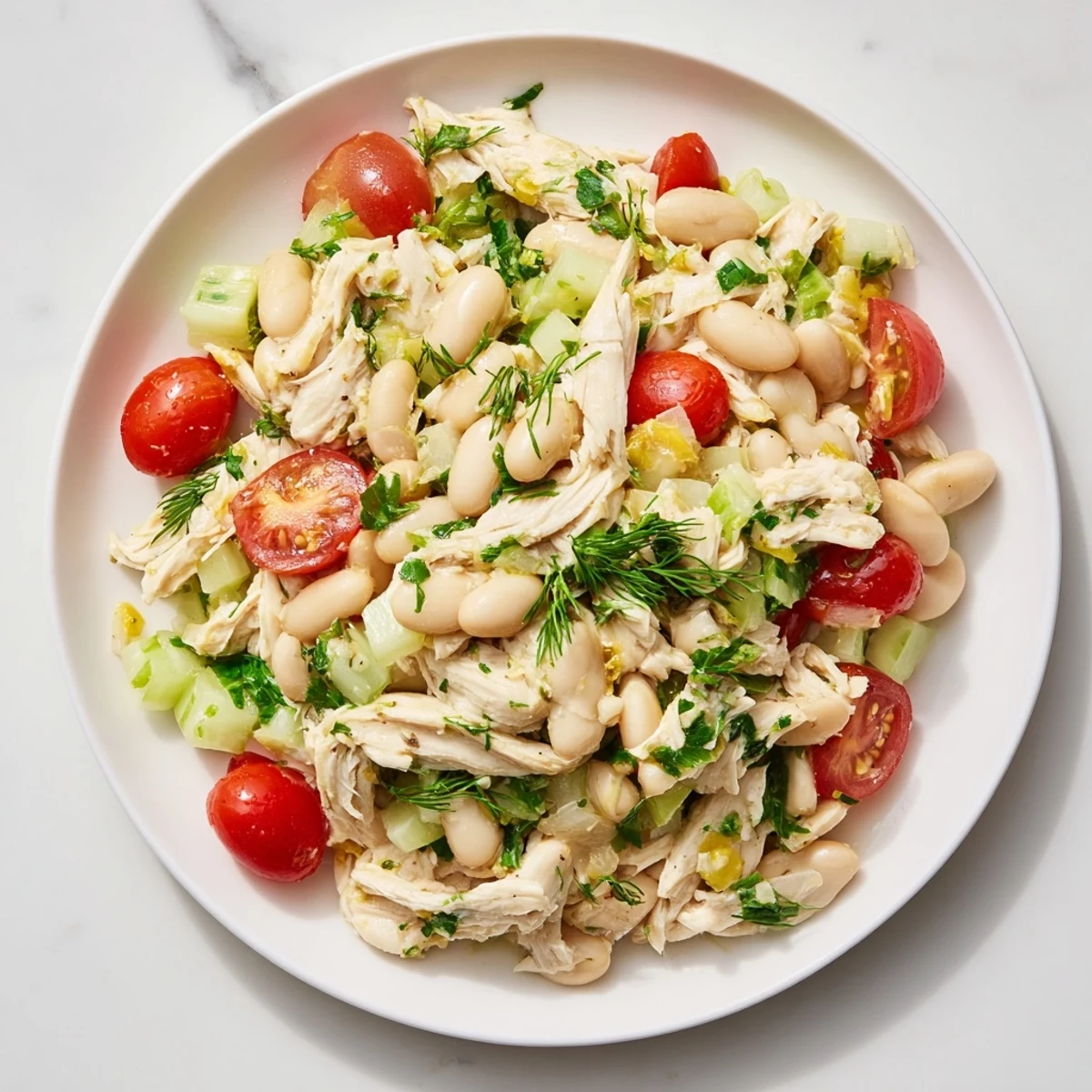 Bright, tangy Lemony White Bean Chicken Salad with shredded chicken, creamy beans, crisp celery, and fresh herbs tossed in lemon vinaigrette.  