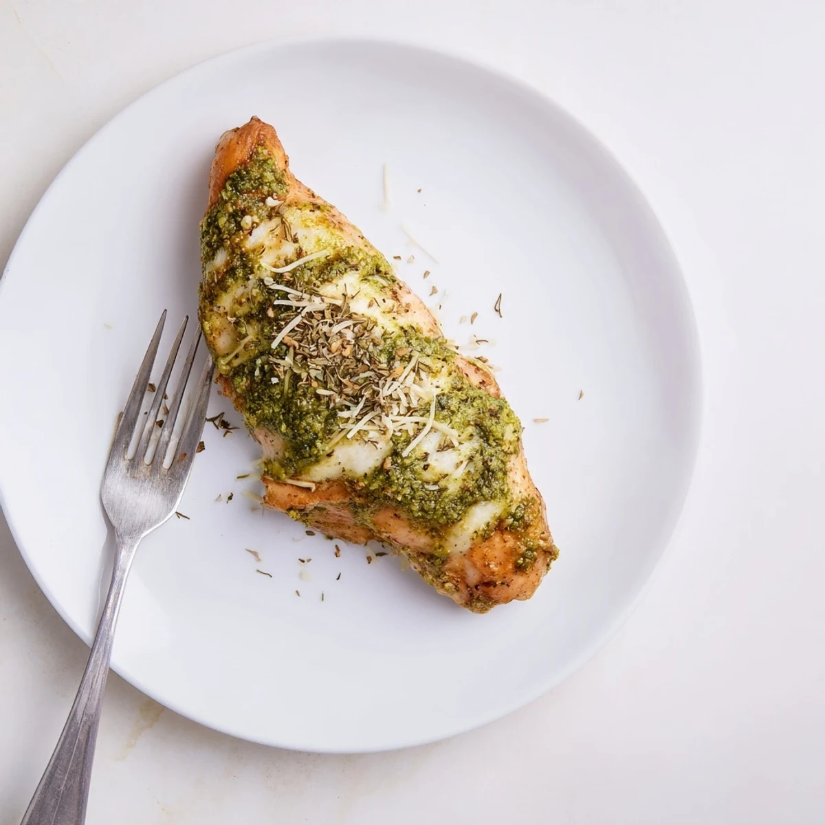 Tender stuffed chicken breasts with melted mozzarella and basil pesto, served hot with a golden Parmesan crust over a bed of fresh greens.