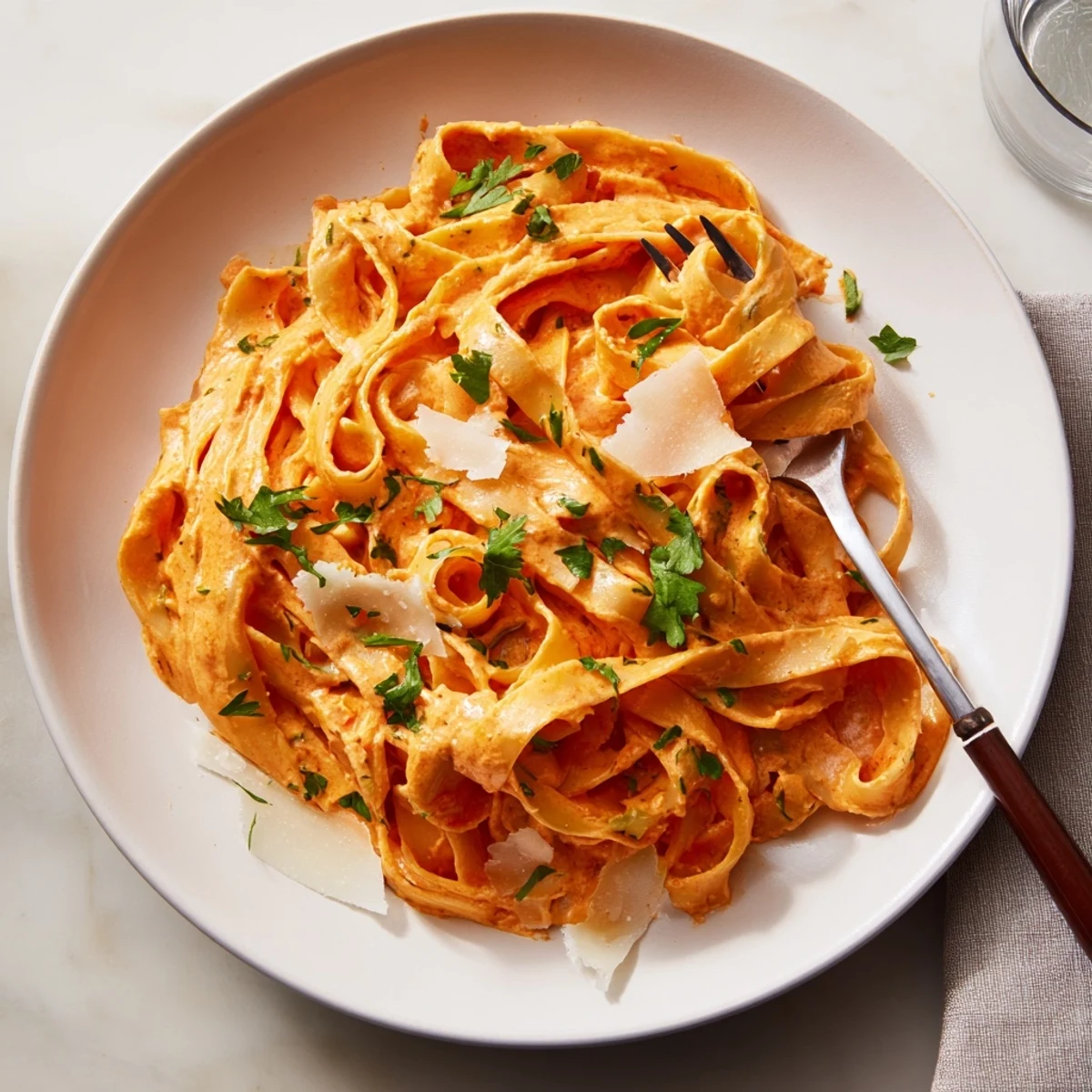 A skillet of creamy roasted red pepper pasta steams beside a glass of white wine, ready for a weeknight dinner.
