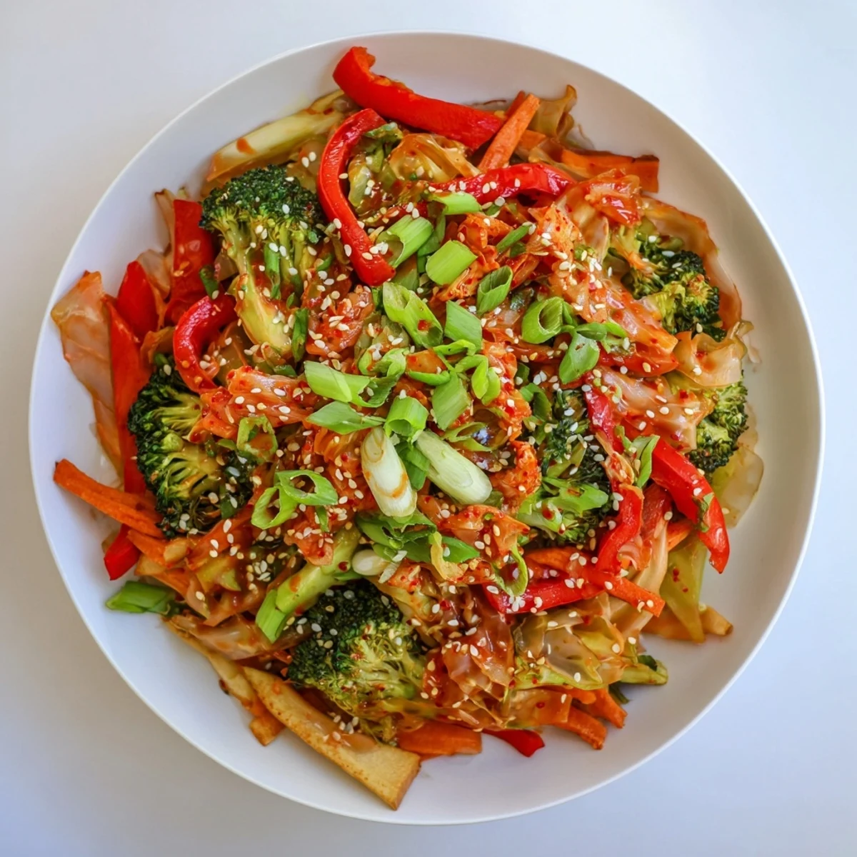Steaming hot Comforting Fermented Veggie Winter Stir-Fry served over fluffy white rice, topped with spicy chopped kimchi, sliced green onions, and a sprinkle of toasted sesame seeds.