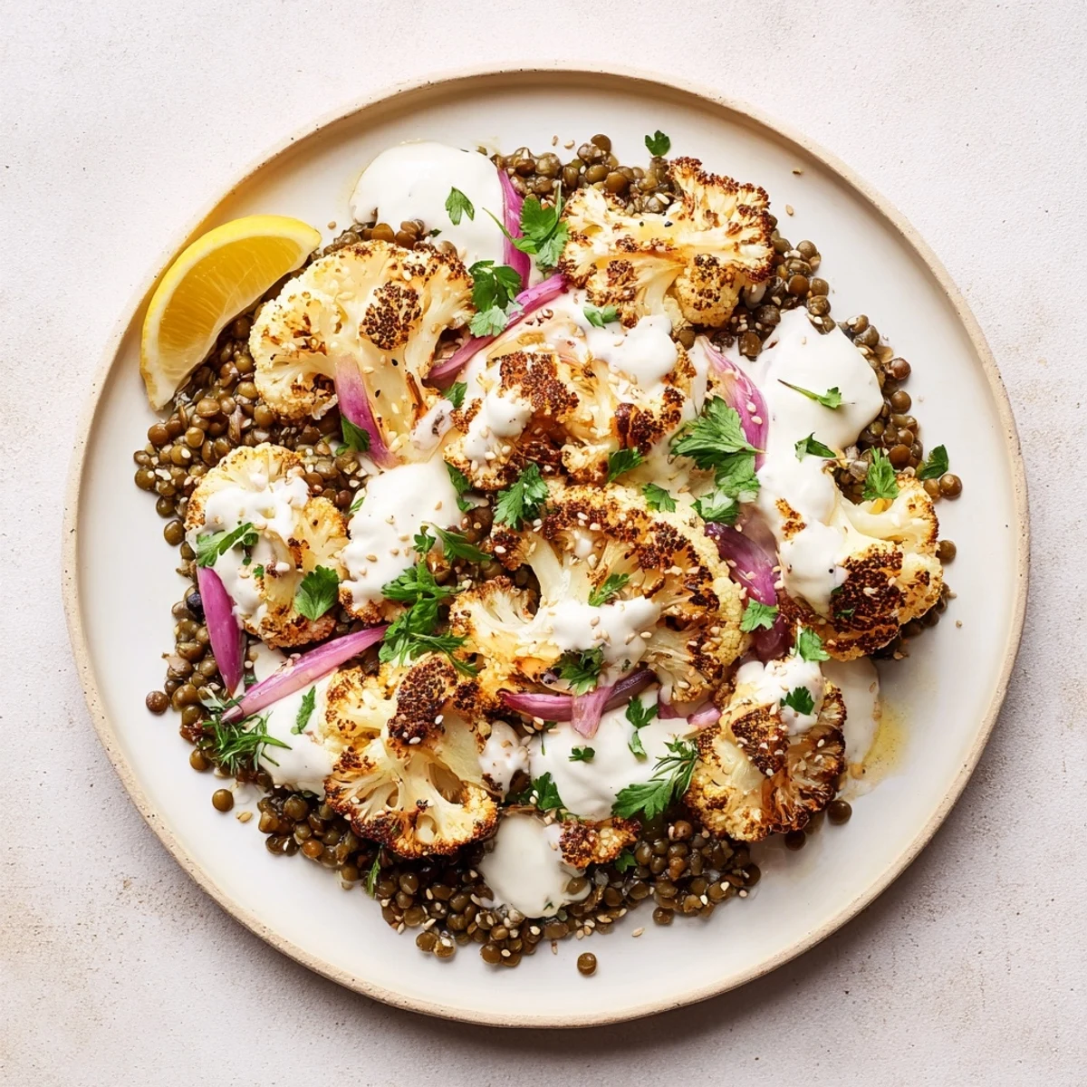Golden roasted cauliflower florets rest on a bed of zesty lemon lentils, drizzled with creamy cumin tahini yogurt and garnished with fresh herbs.