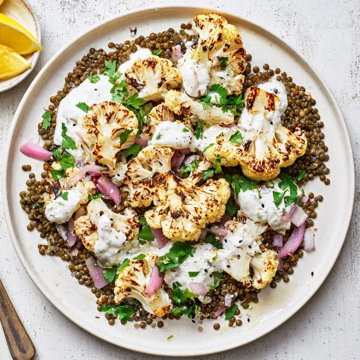 Crispy oven-roasted cauliflower, seasoned with cumin and paprika, topped with tangy lemon lentils and rich Greek yogurt tahini sauce, finished with toasted sesame seeds.