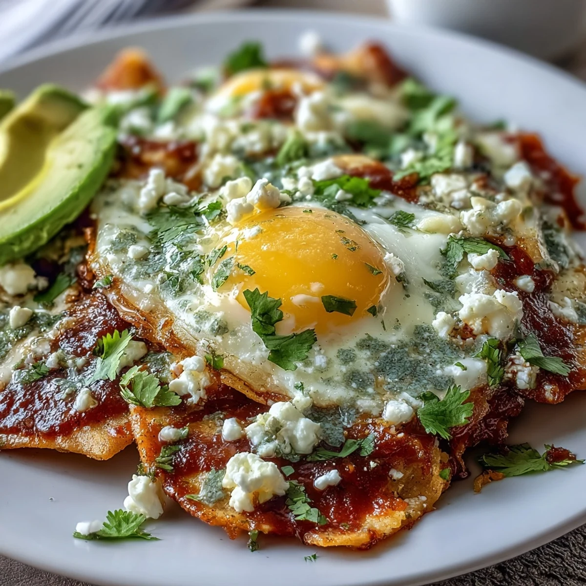 Vibrant Chilaquiles piled with a runny egg, avocado, and fresh cilantro.