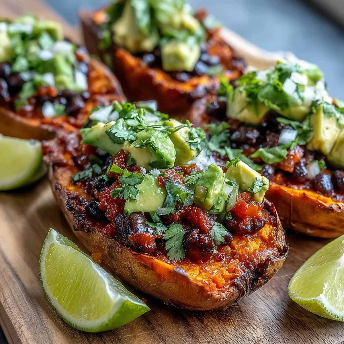 Roasted sweet potatoes topped with smoky chipotle black beans and pico de gallo.