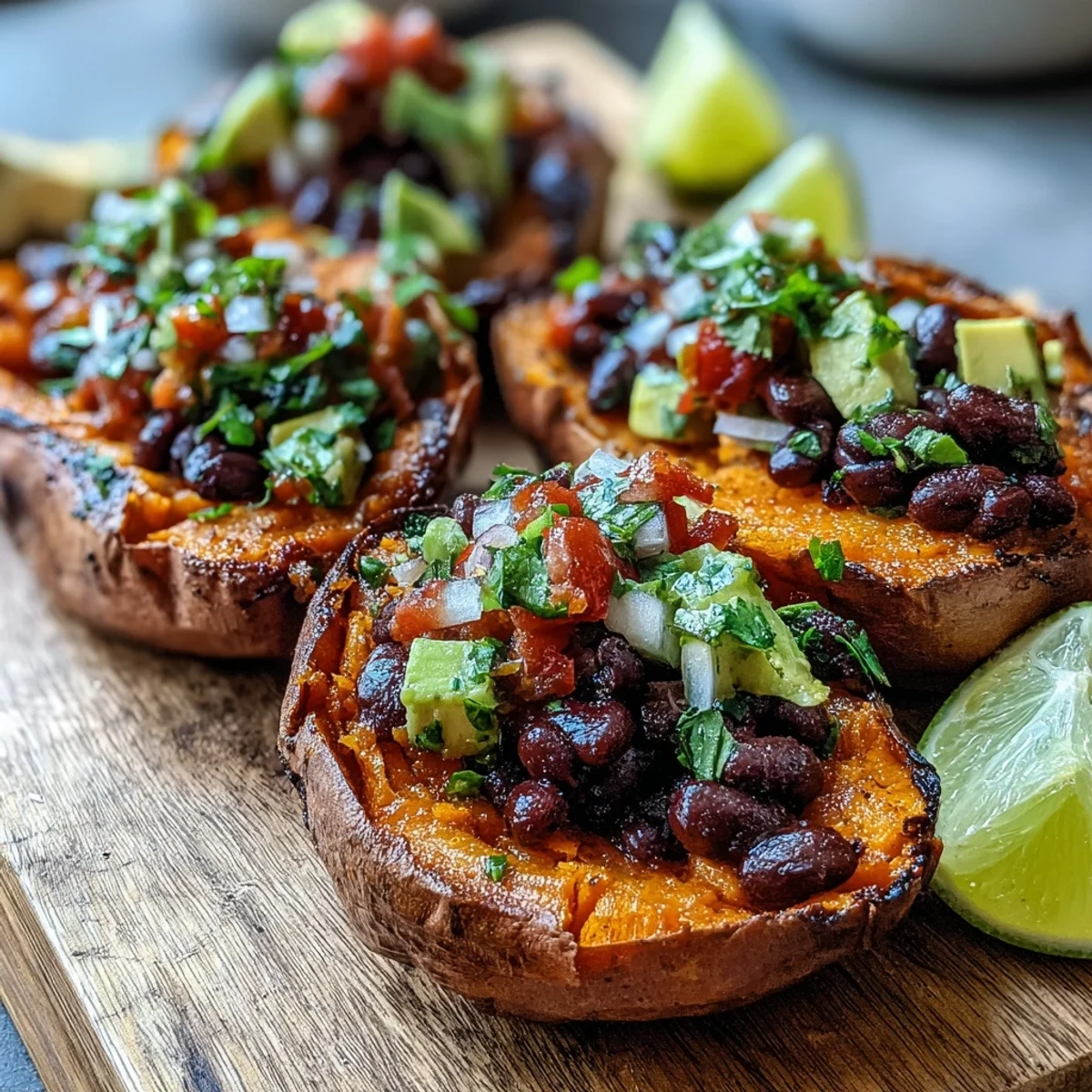 Healthy chipotle sweet potatoes piled high with fresh tomato salsa, a delicious meal.