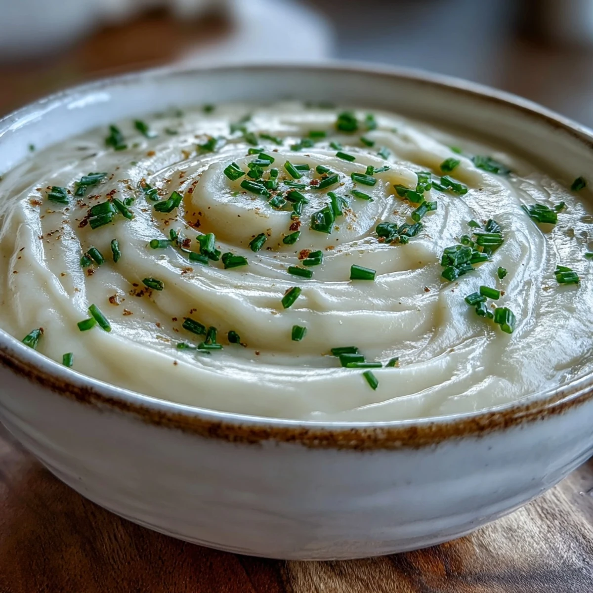 Creamy celery root bisque is ladled into a white bowl, highlighting the velvety texture and aromatic herbs on top.