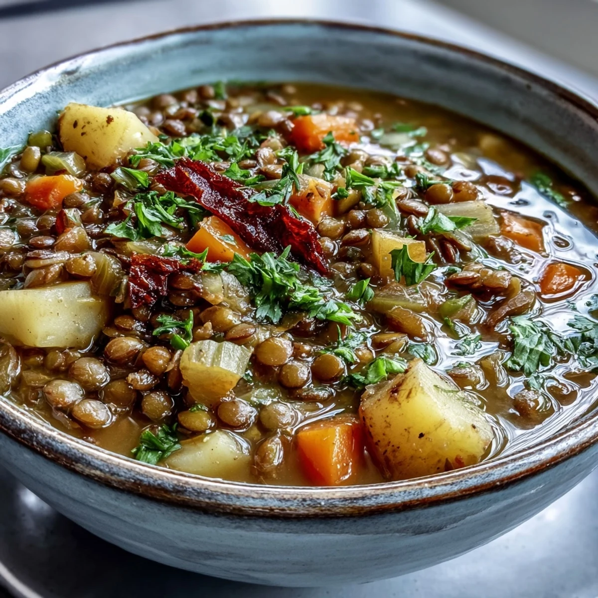 A bowl of Vegetarian Lentil Stew served with crusty bread and fresh parsley garnish.  