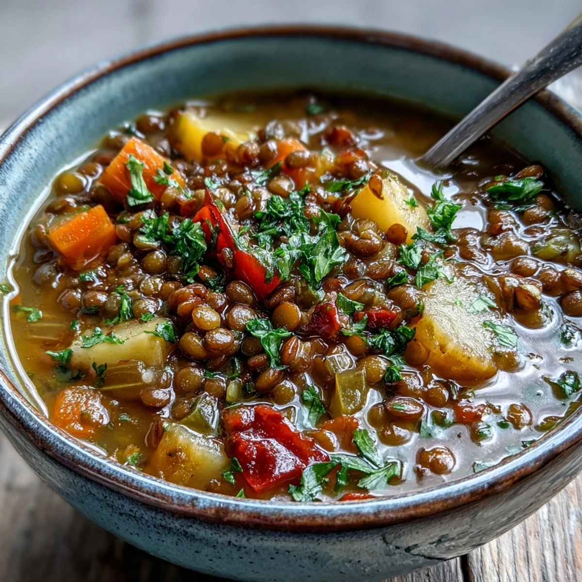 Steaming Vegetarian Lentil Stew in a rustic pot with kale and lemon wedges on the side.  
