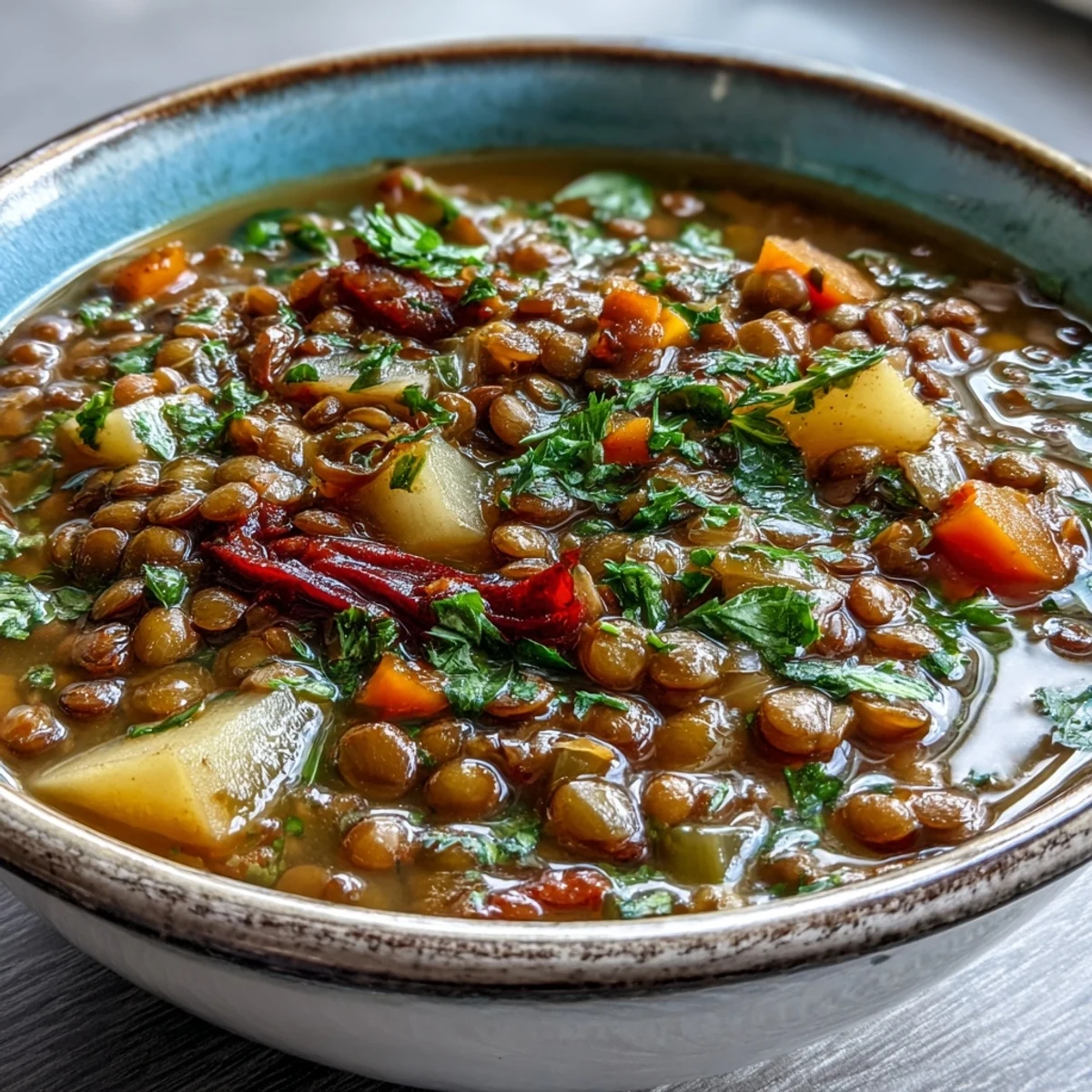 Hearty Vegetarian Lentil Stew with tender lentils, carrots, and a slice of crusty bread.