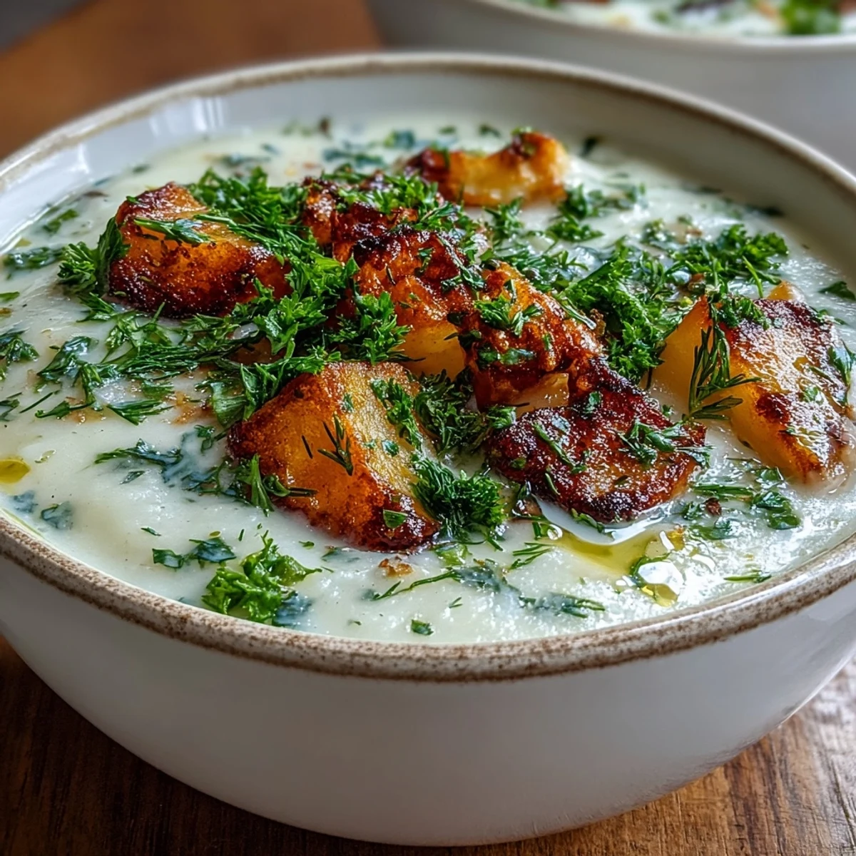A bowl of creamy Parsnip and Herb Soup garnished with fresh chives, parsley, and a drizzle of olive oil.
