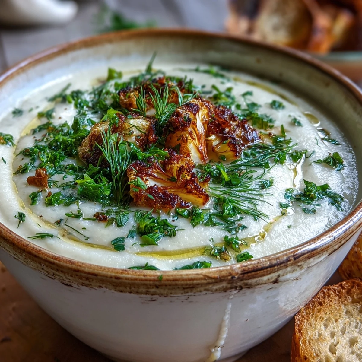 Smooth Parsnip and Herb Soup in a rustic bowl, topped with dill and ready to enjoy with crusty bread.