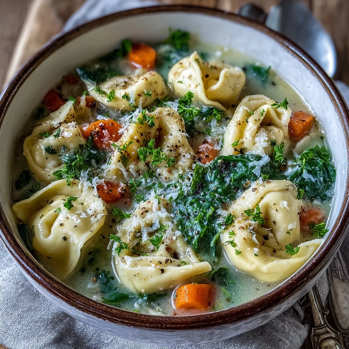A close-up of creamy tortellini soup in a white bowl, garnished with Parmesan and fresh parsley, showcasing tender pasta and carrots in rich broth.  