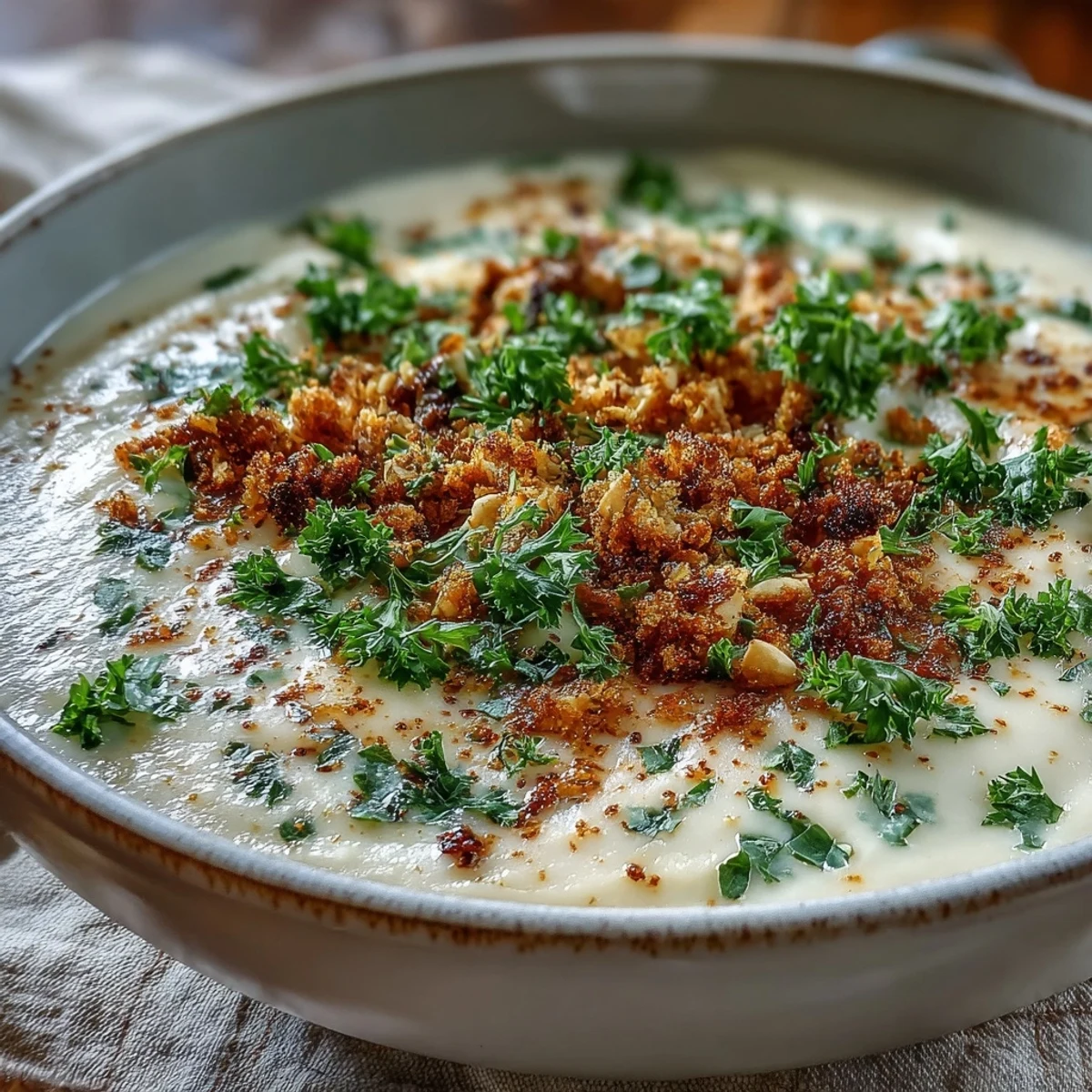 Creamy Celeriac Soup With Hazelnut Crumble served steaming hot with chopped parsley and a rustic spoon on the side.