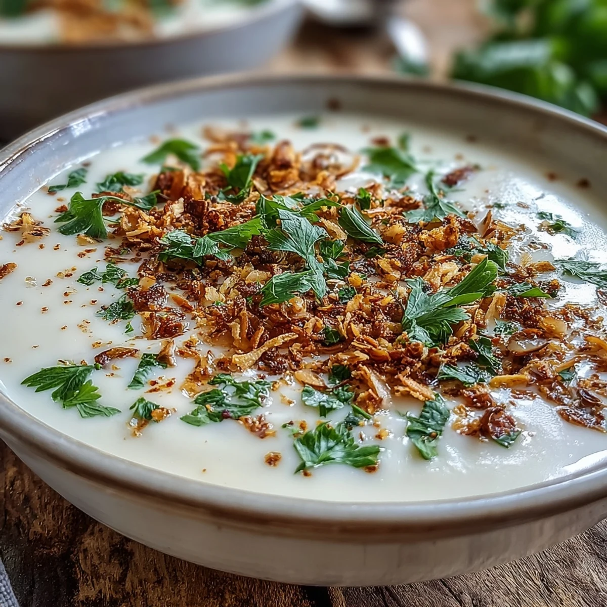 Celeriac Soup With Hazelnut Crumble garnished with fresh herbs, ready to serve alongside warm crusty bread for dipping.