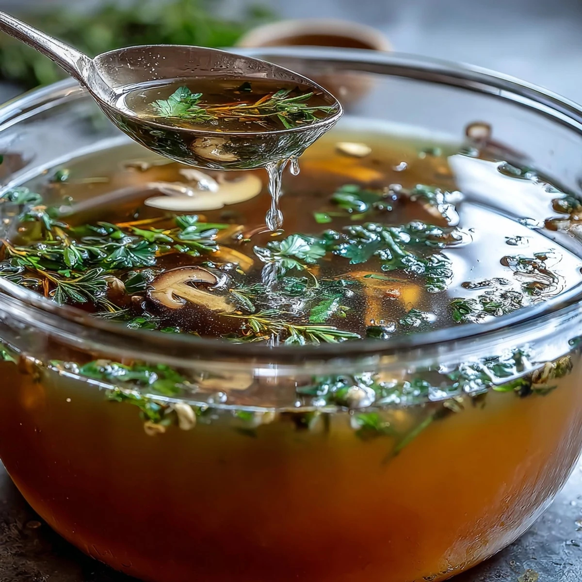 A clear glass jar of homemade Vegetable Broth From Scraps, golden and aromatic, ready for sipping or cooking.  