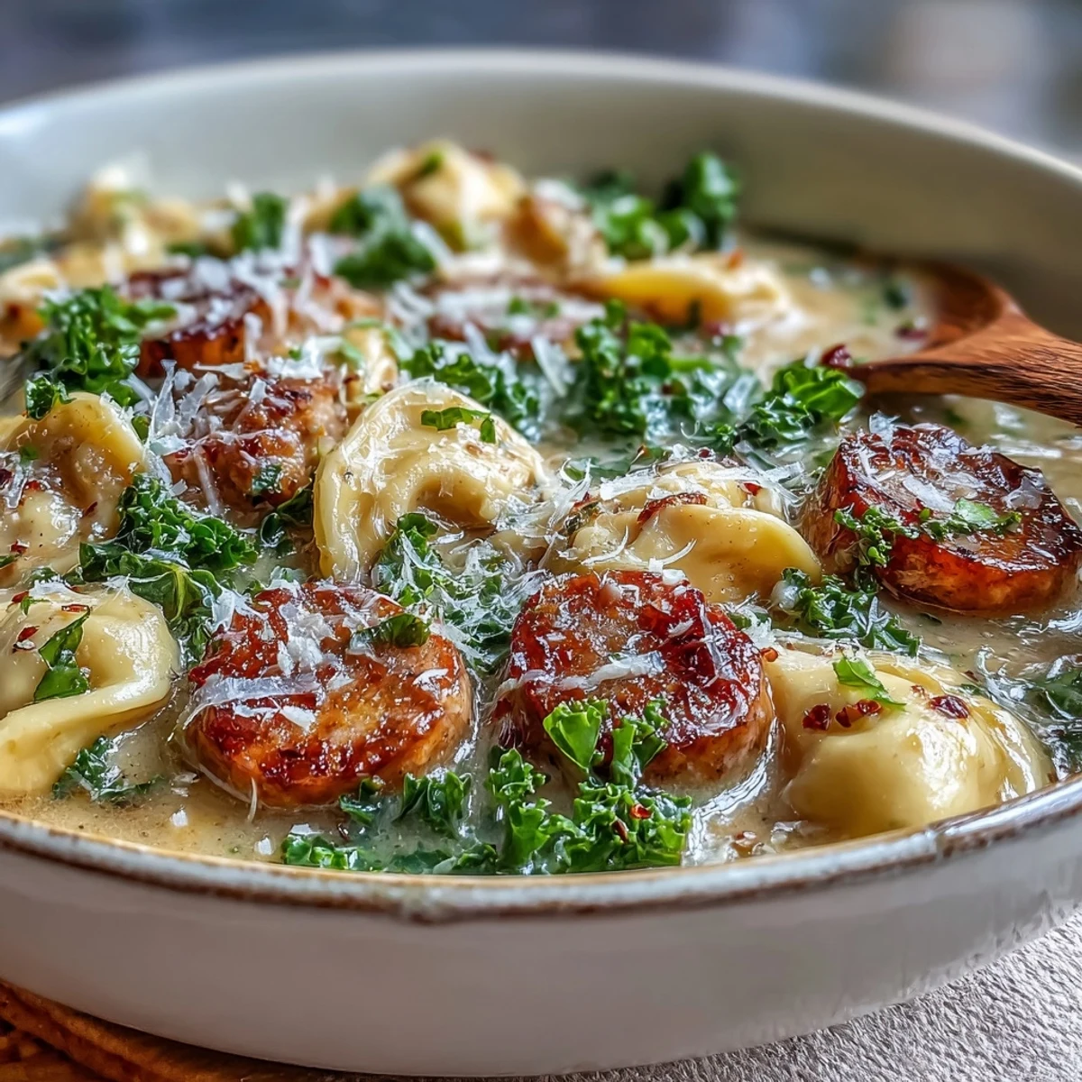 A cozy serving of Pumpkin Tortellini Soup with Chicken Sausage and Kale topped with melted Parmesan cheese.