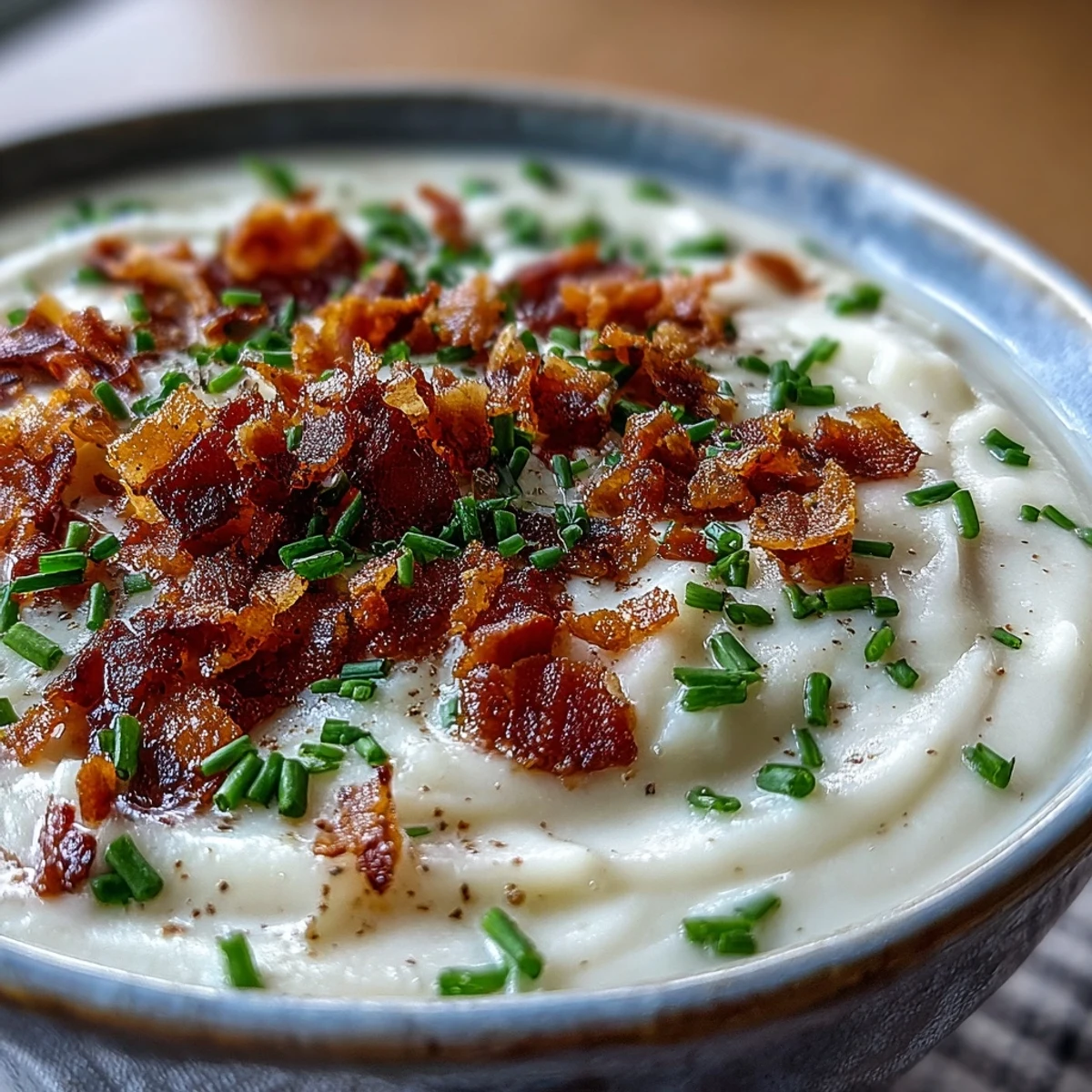 A steaming bowl of Creamy Celeriac Soup, crowned with golden, crispy bacon crumbles and fresh chives.