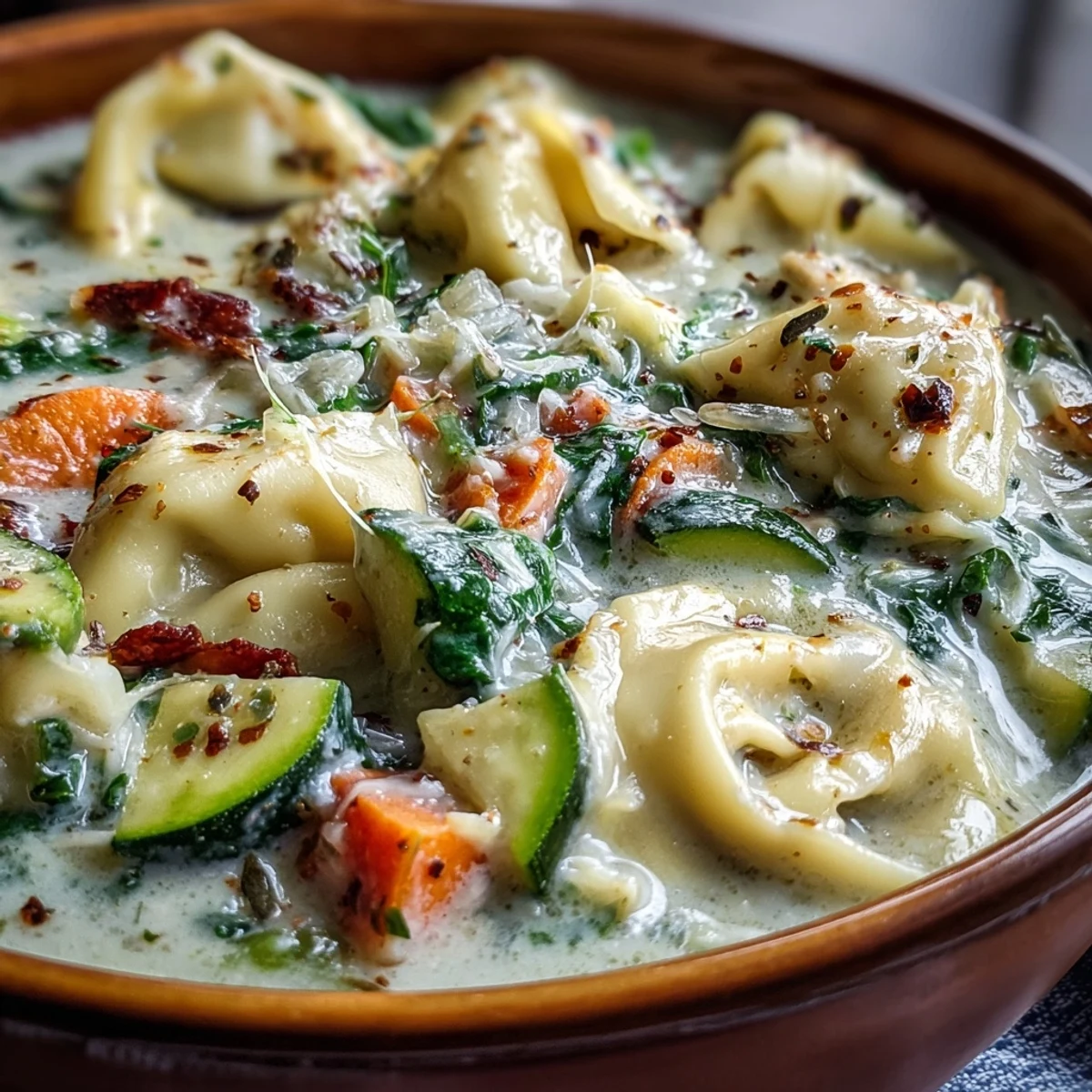 A comforting bowl of Creamy Vegetable Tortellini Soup with tender cheese pasta and vibrant spinach leaves, steaming gently.