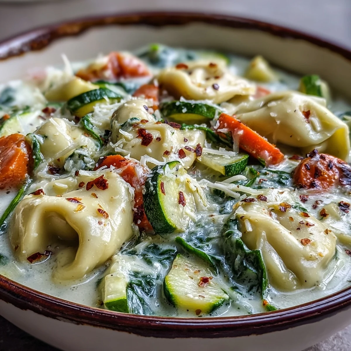 A pot of homemade Creamy Vegetable Tortellini Soup with colorful carrots and zucchini, perfect for a weeknight dinner.
