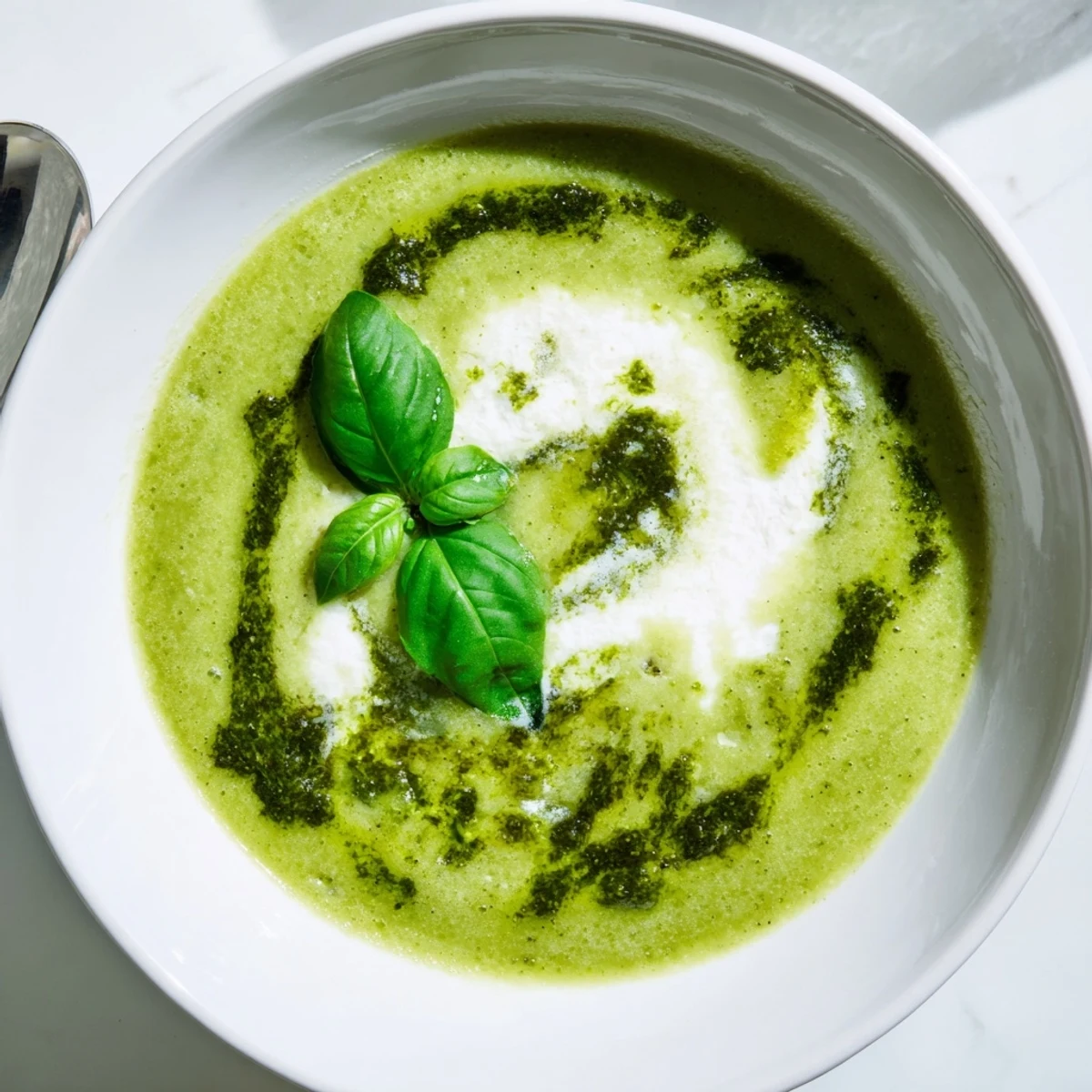 A vibrant green bowl of Courgette, Pea and Pesto Soup, garnished with fresh basil and a swirl of creamy yogurt.