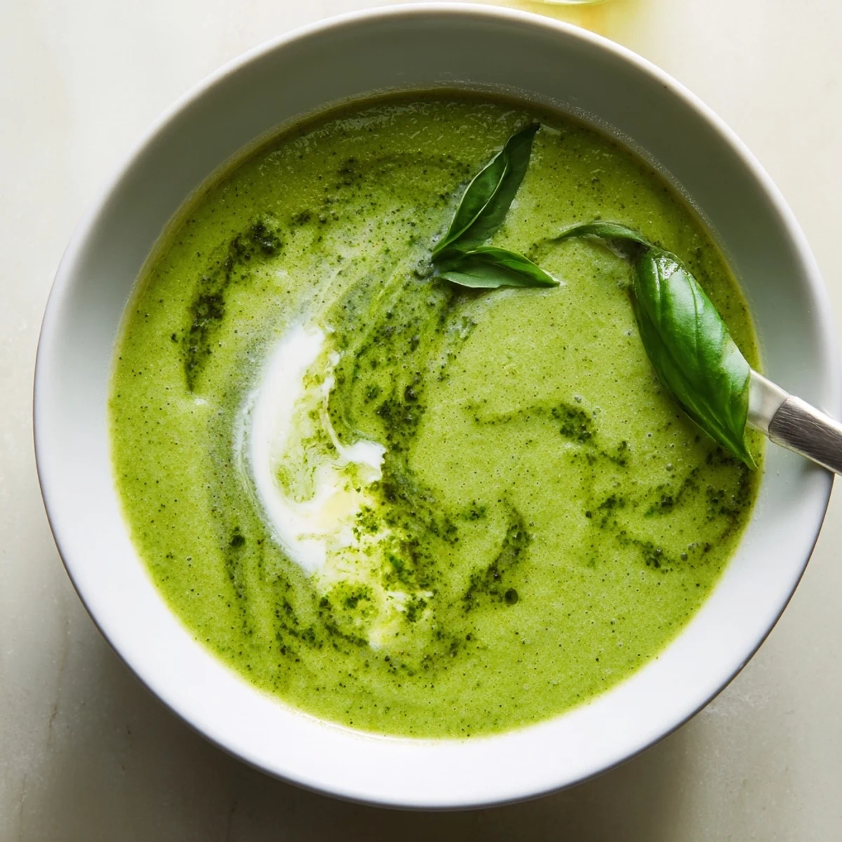 Close-up on a bowl of Courgette, Pea and Pesto Soup, showing the smooth texture and a drizzle of green pesto.