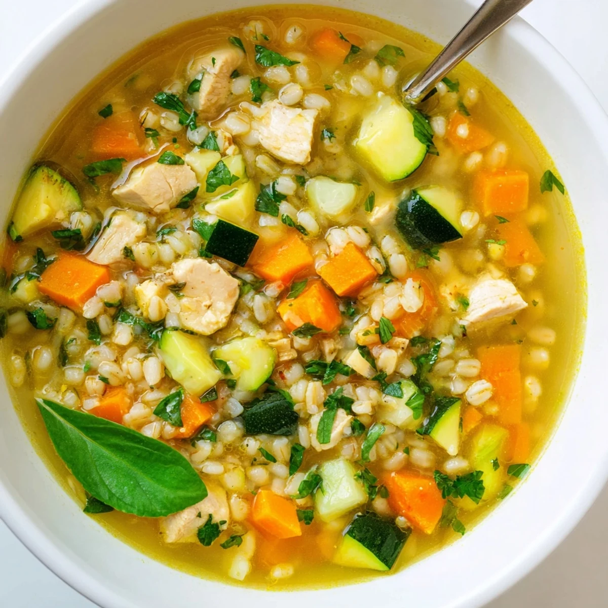 A warm bowl of Soothing Turmeric Chicken With Pearl Barley, garnished with fresh parsley and a lemon wedge.