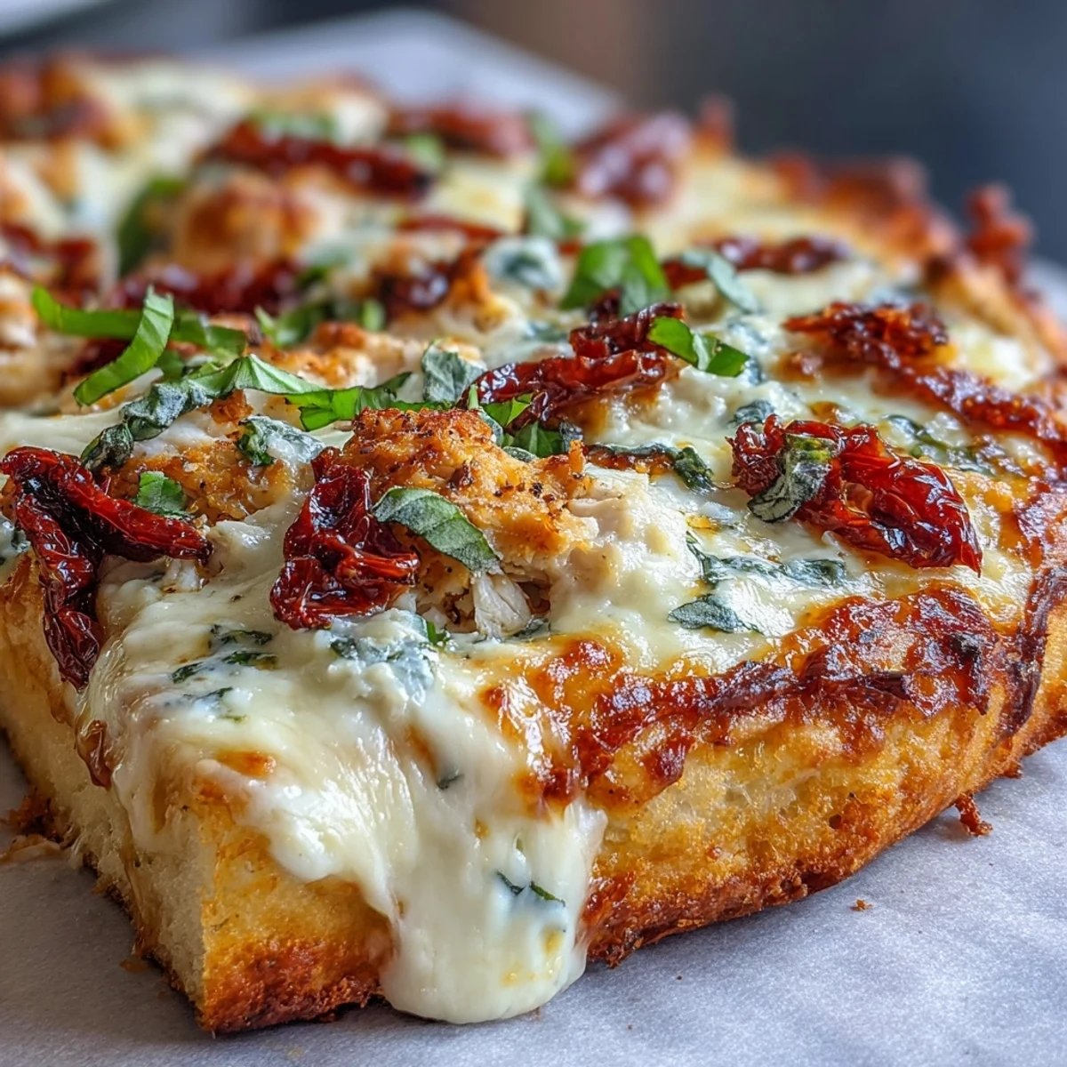 A close-up slice of Marry Me Chicken Pizza revealing rich Parmesan cream sauce and tender chicken chunks.