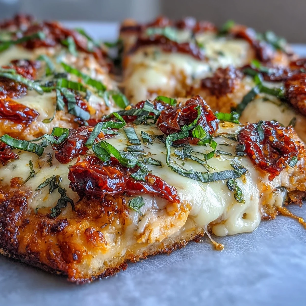 Golden, bubbly Marry Me Chicken Pizza with creamy chicken, sun-dried tomatoes, and fresh basil on a crispy crust.