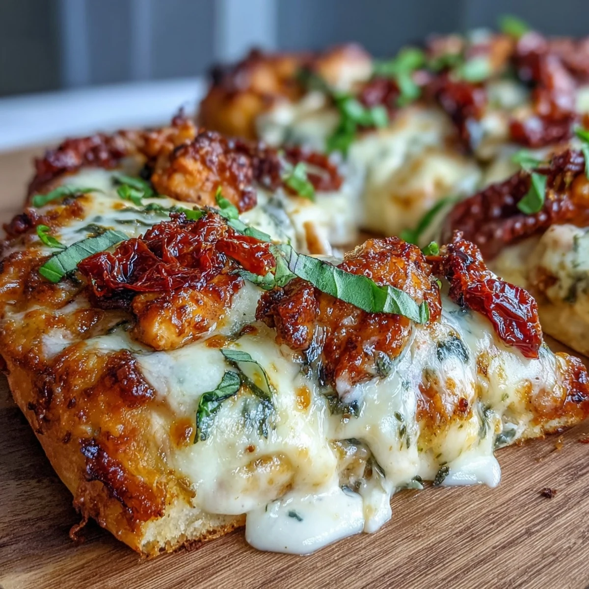 Marry Me Chicken Pizza fresh from the oven, brushed with olive oil crust and aromatic herbs.
