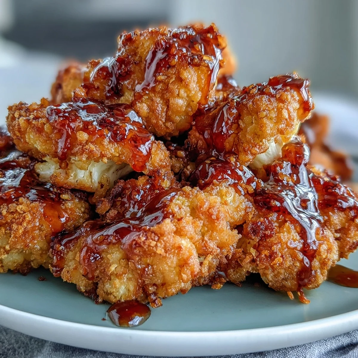 Golden Crunchy Baked Hot Honey Cauliflower florets glazed and stacked high on a ceramic plate.
