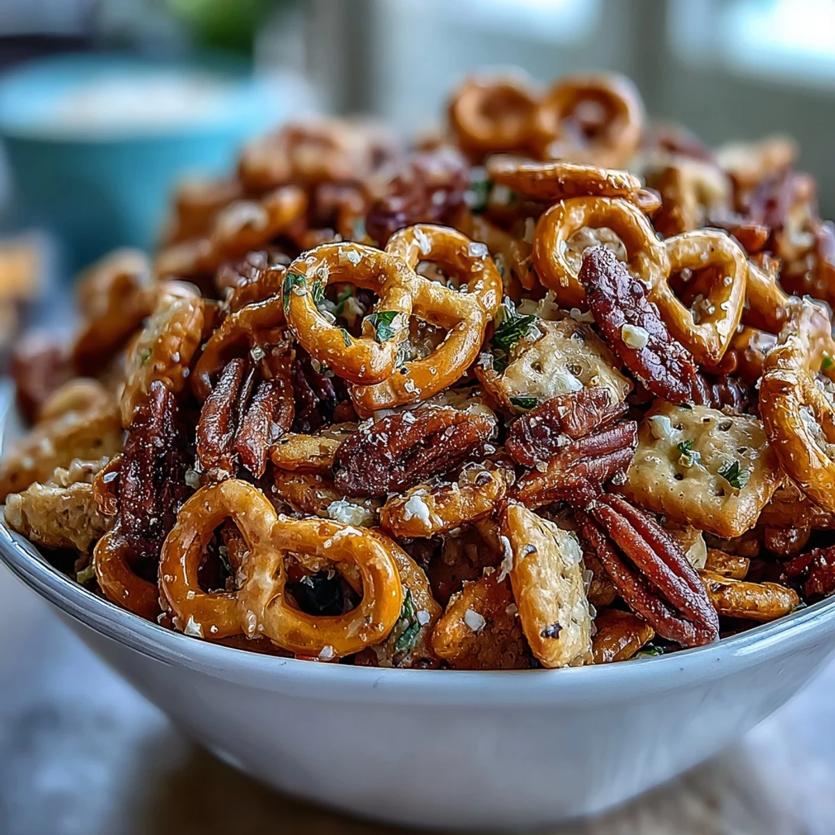 Festive bowl of Everything Ranch Cheese and Pretzel Snack Mix, garnished with fresh dill, served alongside a flight of cold craft beers.