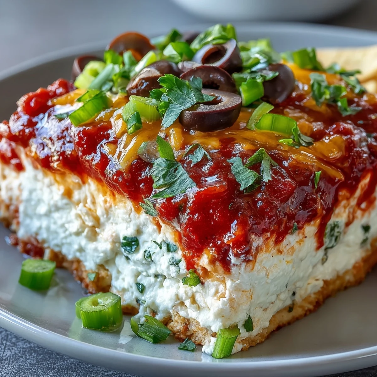 Freshly prepared 4-Way Layered Dip showcasing vibrant salsa, cheese, and olives, served with crispy tortilla chips for dipping.