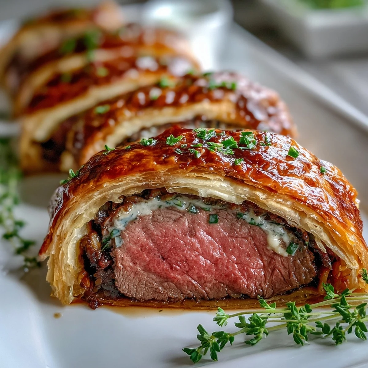Golden, flaky puff pastry encases a perfectly seared Beef Wellington, revealing tender fillet when sliced.