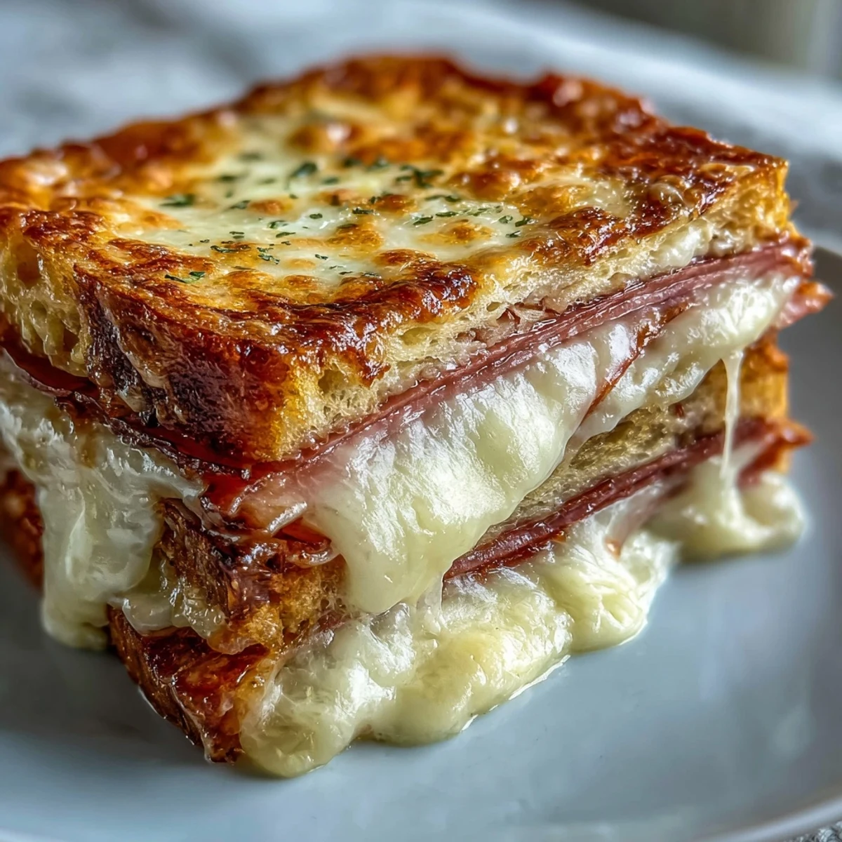A baked slice of Croque Monsieur Casserole on a plate, served alongside fresh arugula and cherry tomatoes.