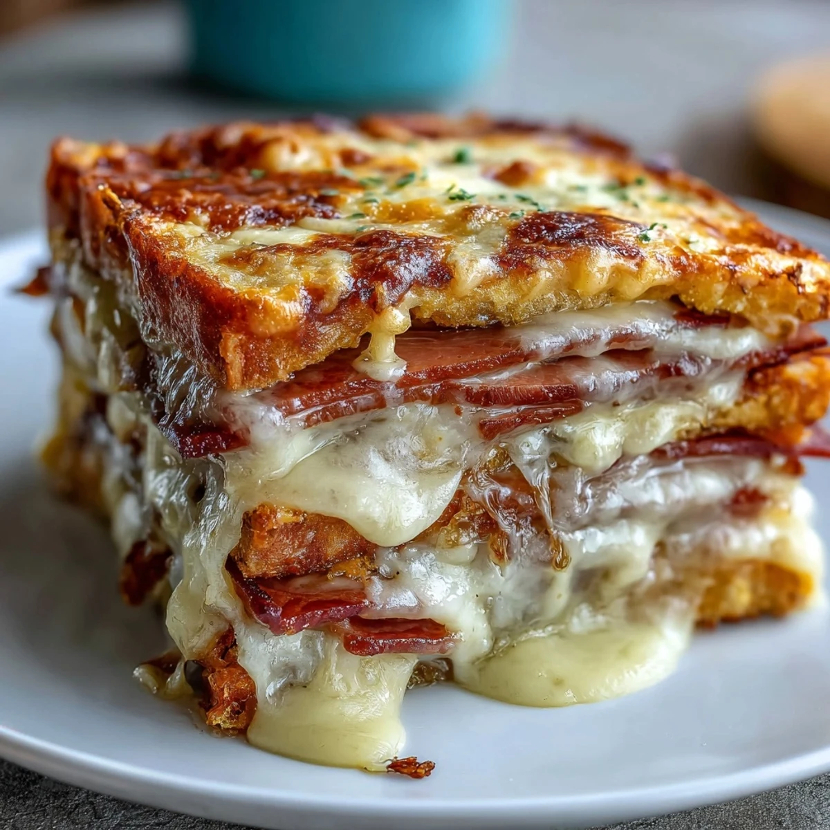 Top-down view of a golden-brown Croque Monsieur Casserole in a baking dish, showcasing bubbling Gruyère and ham layers.