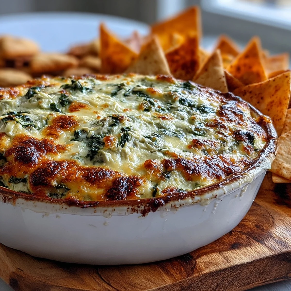 Golden bubbly Spinach Artichoke Dip fresh from the oven, served warm in a baking dish with crispy tortilla chips for dipping.