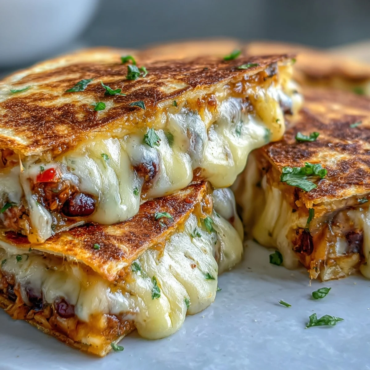 Golden-baked Blooming Quesadilla Ring with melted cheese, beans, and peppers, arranged on a platter with salsa and sour cream.