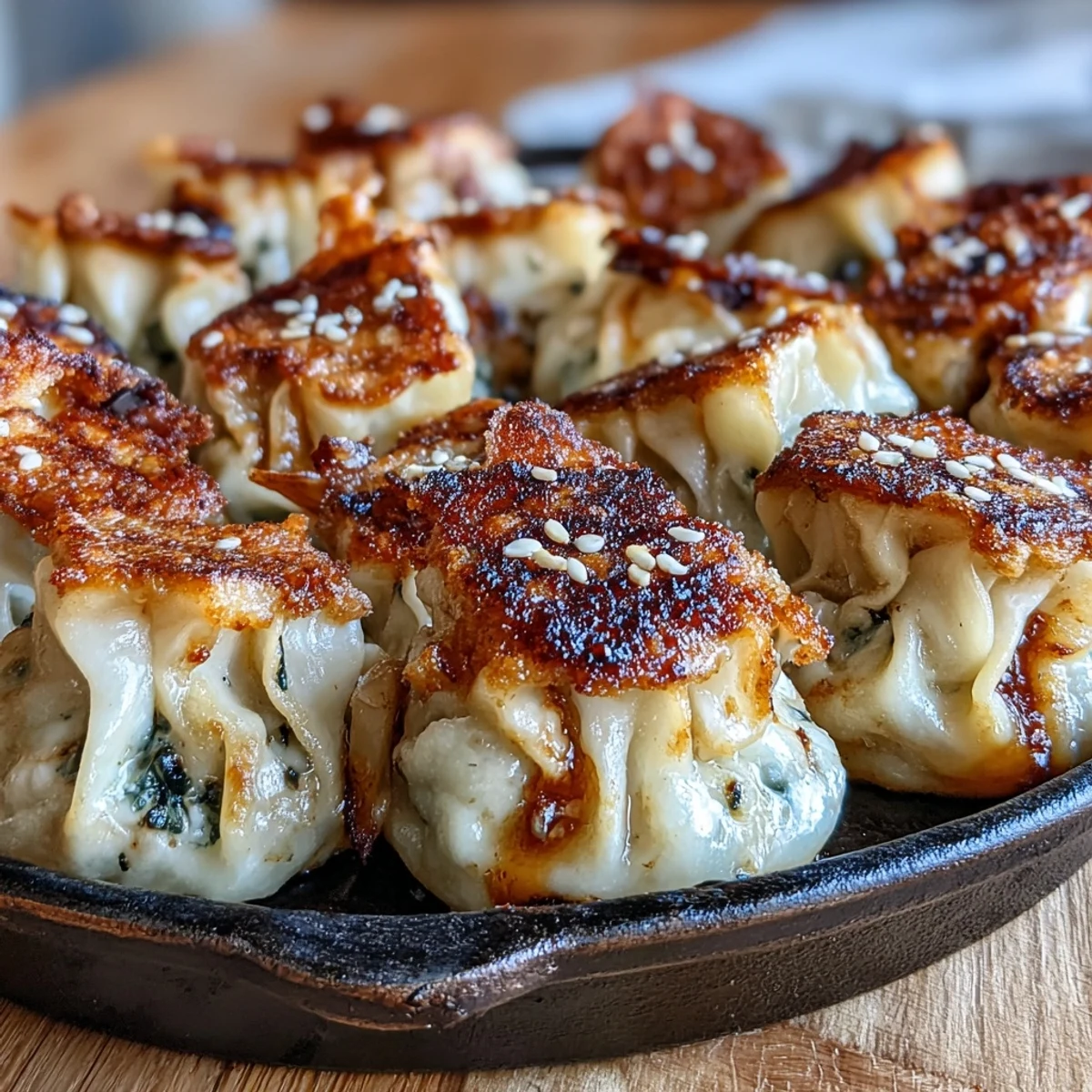 Golden-bottomed Smash Dumplings sizzle in a skillet, ready for a spicy soy dipping sauce.