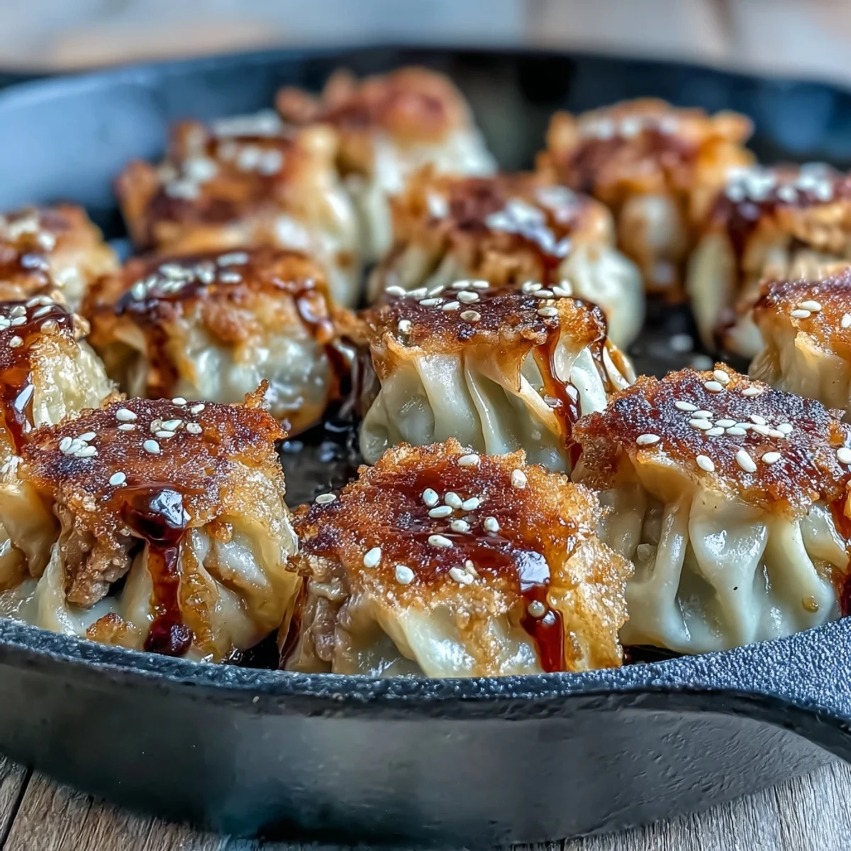 Crispy pan-fried Smash Dumplings with golden bottoms and a juicy pork filling on a plate.