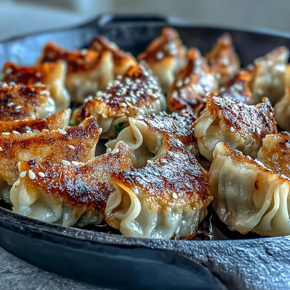 Steamed then smashed Smash Dumplings, extra crispy and golden, served with a sesame chili dip.
