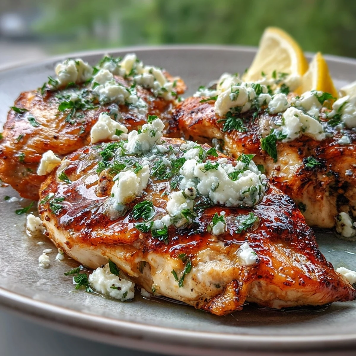 Close-up of Greek Chicken with Lemon and Feta topped with crumbled feta, ready to serve with pita bread.