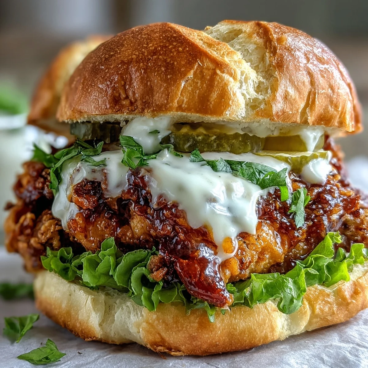 Spicy Chicken Sandwich garnished with fresh lettuce and pickles, served alongside fries and extra sauce.