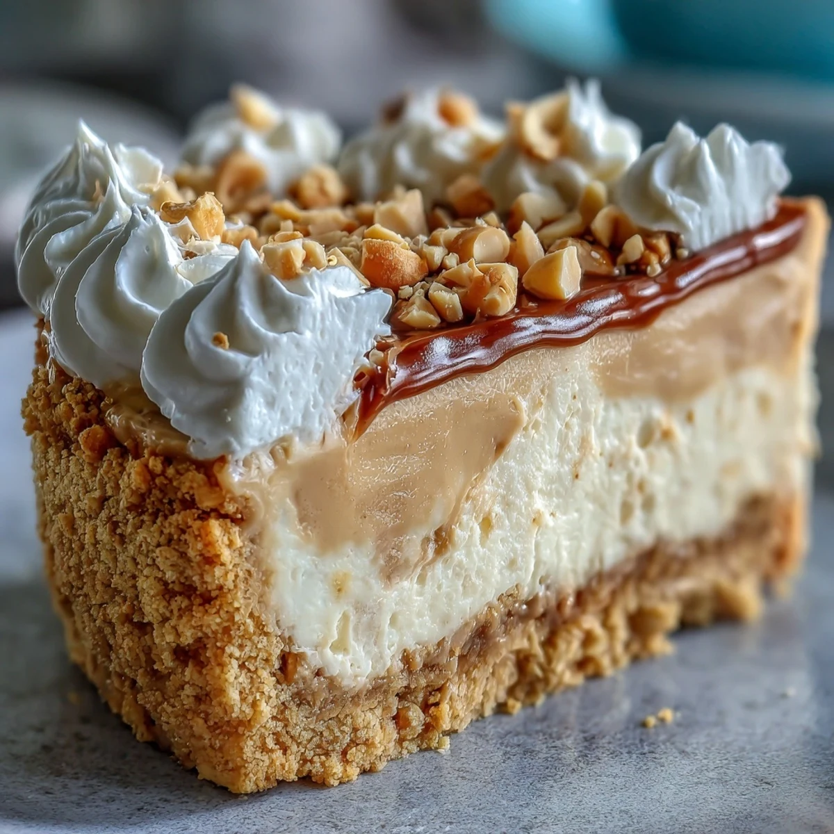 A close-up of Nutter Butter cheesecake with whipped cream and chopped peanut garnish.