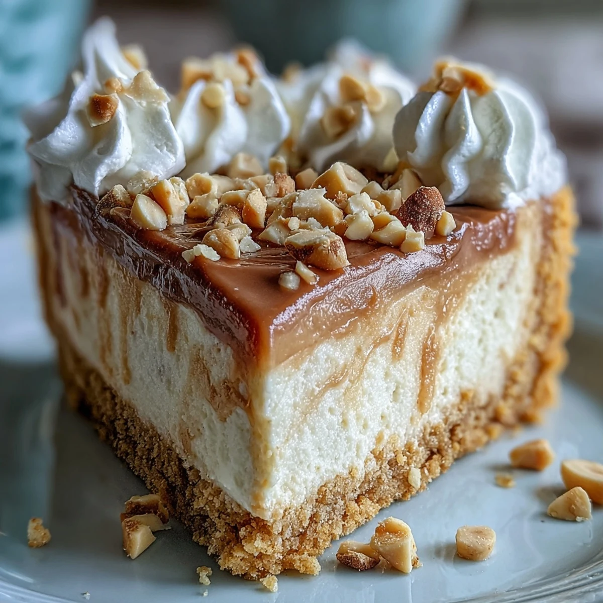 Freshly baked Nutter Butter cheesecake topped with whipped cream and crunchy chopped peanuts.