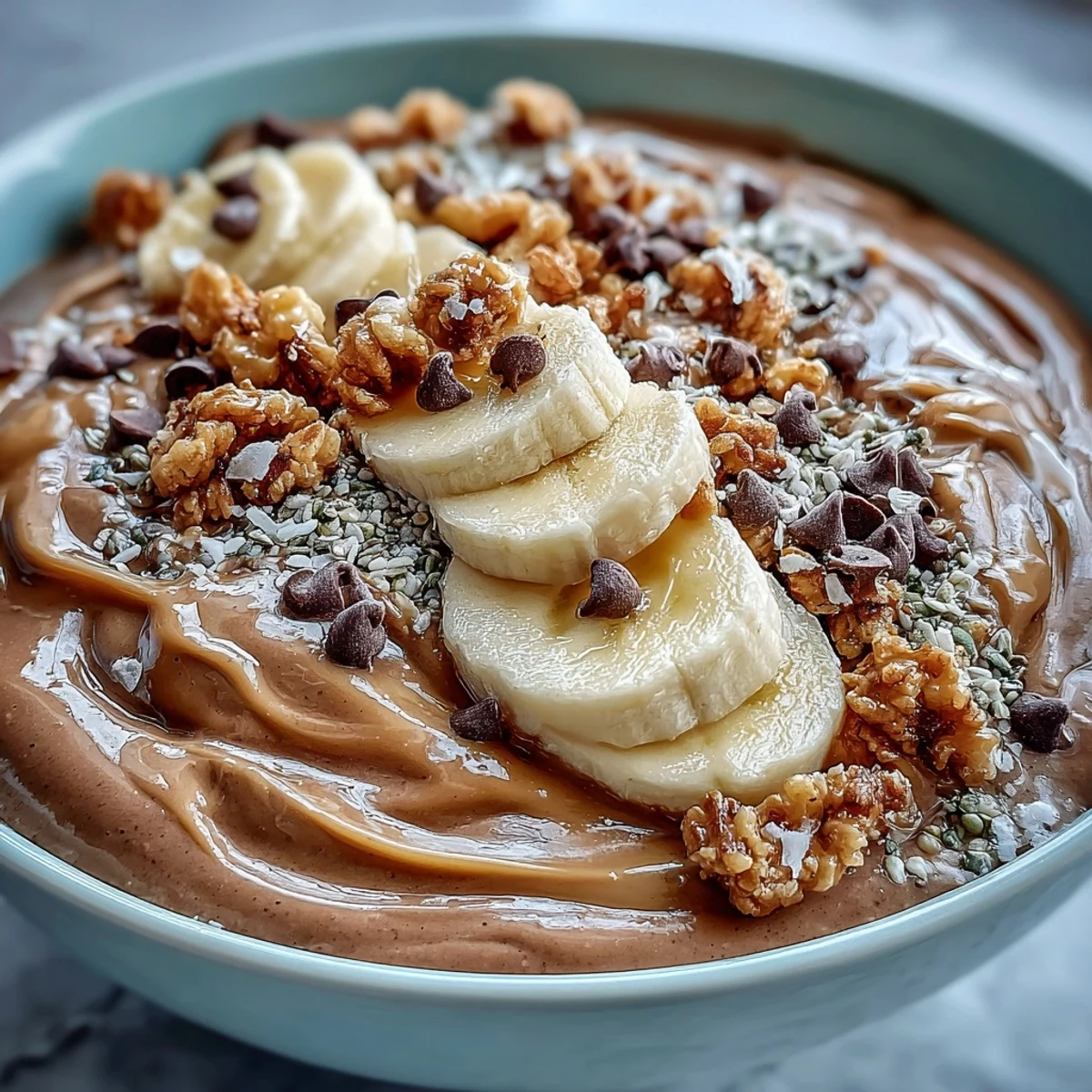 Two vibrant bowls of Chunky Monkey Smoothie Bowls, topped with sliced bananas, granola, and cacao nibs on a marble surface.