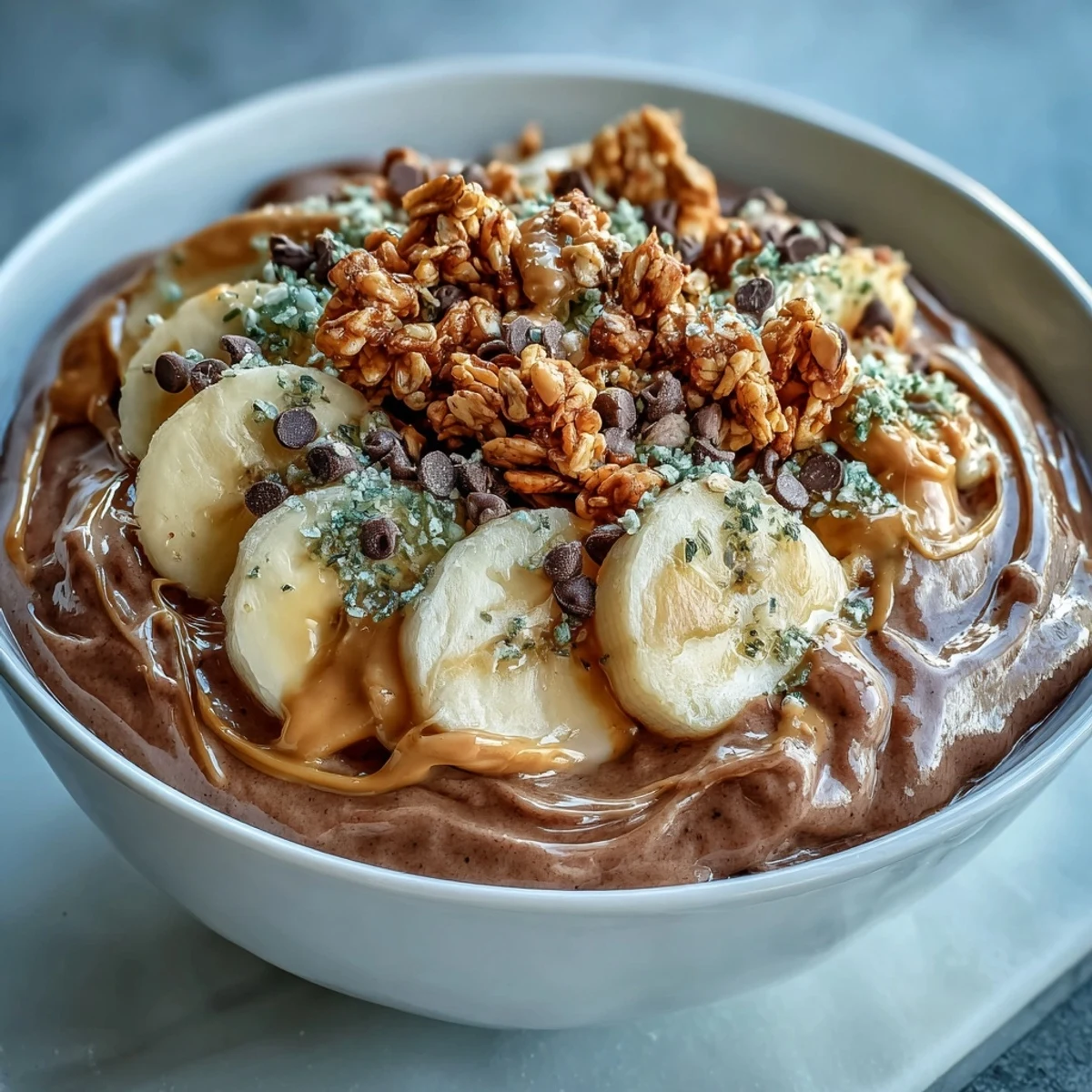Thick and creamy Chunky Monkey Smoothie Bowls made with frozen bananas and cocoa, ready to eat with crunchy toppings.
