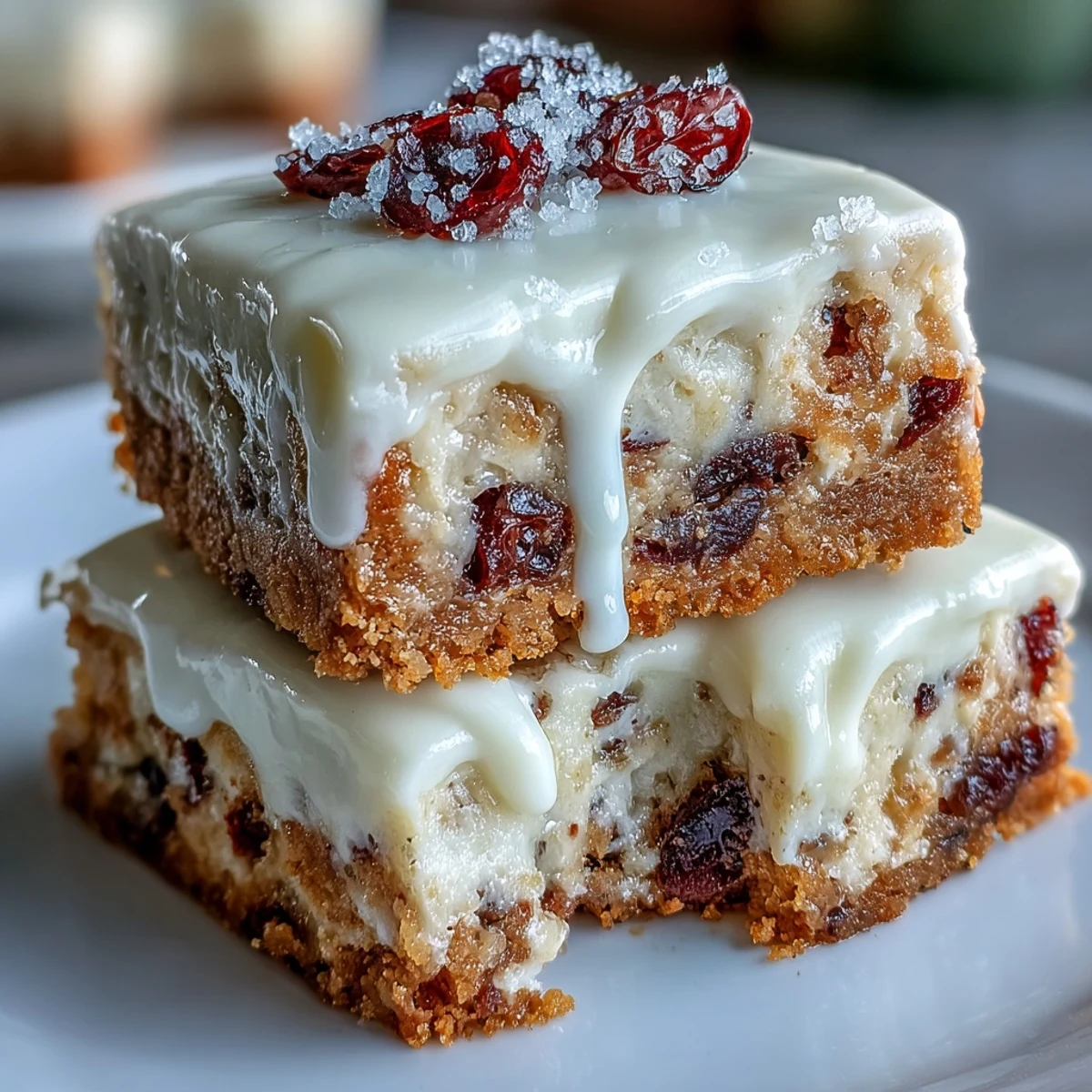 Cranberry Bliss Bars with zesty orange cream cheese frosting and white chocolate drizzle, cut on a platter.